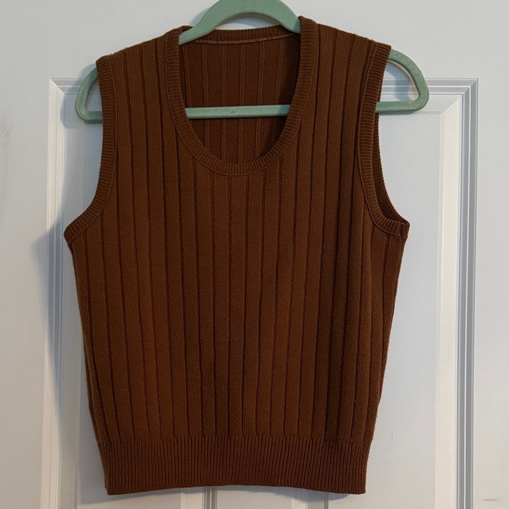 Brown Ribbed Knit Sleeveless Top Sweater Vest
